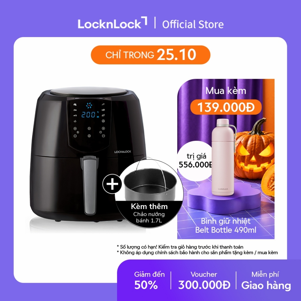 Nồi Chiên Không Dầu Lock&Lock Jumbo Plus Air Fryer 5.2L Màu-đen EJF357BLK 8 menu sẵn, giảm chất béo, giữ ấm