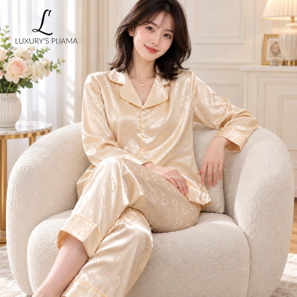 Đồ bộ LUXURY PIJAMA lụa latin cao cấp, mềm mịn sang trọng tay dài họa tiết trái tim vàng cam nhạt TD027