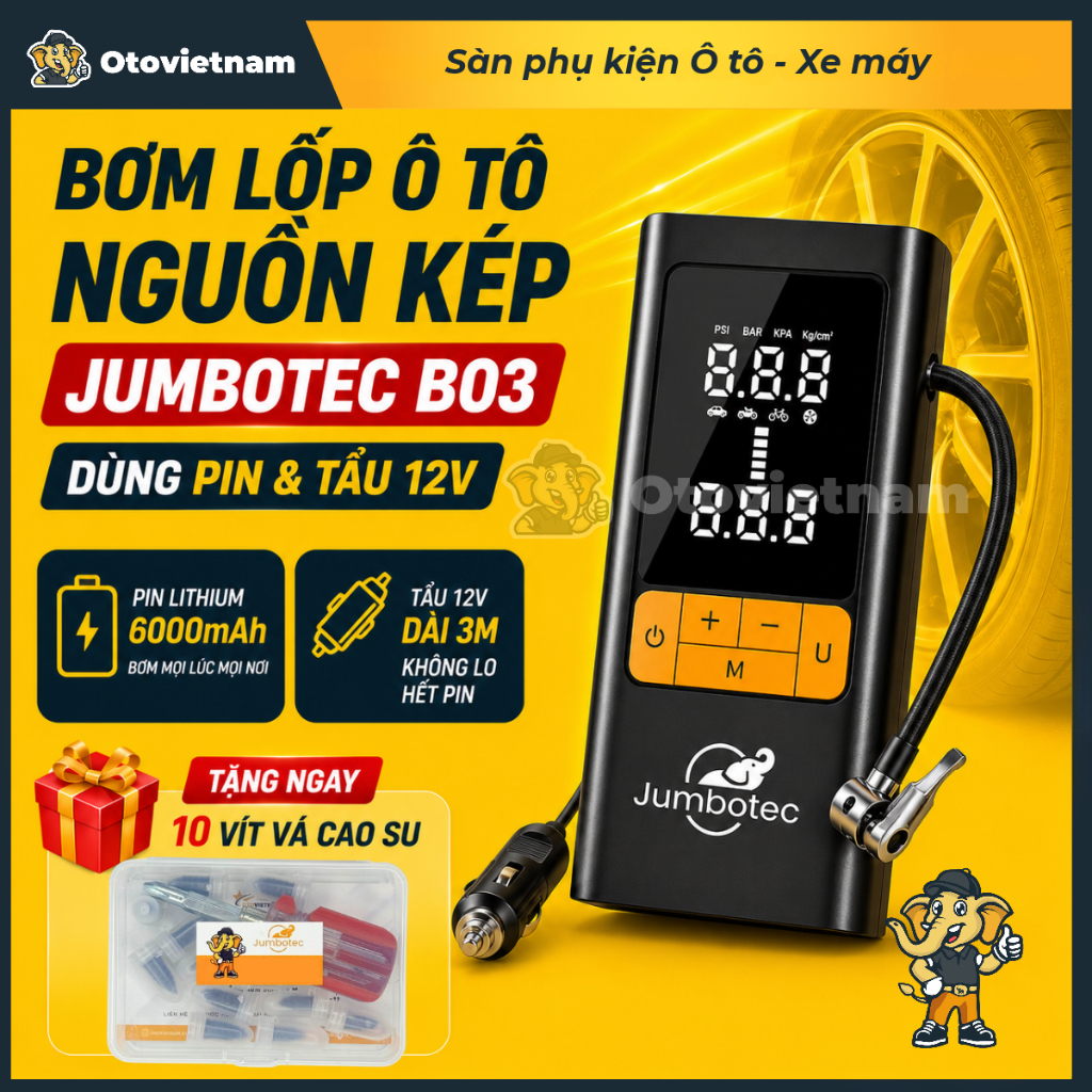 Bơm Lốp Điện Tử Nguồn Kép Jumbotec B03: Pin 6000mAh & Tẩu 12V, Đèn Pin & Sạc DP | Bảo Hành 6 Tháng