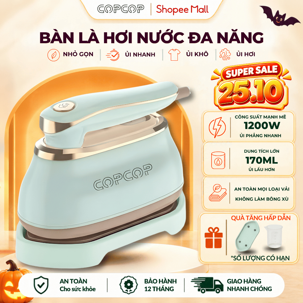 Bàn ủi hơi nước cầm tay COPCOP bàn ủi hơi nước 2 trong 1 vừa ủi nước và khô gấp gọn du lịch tiện lợi