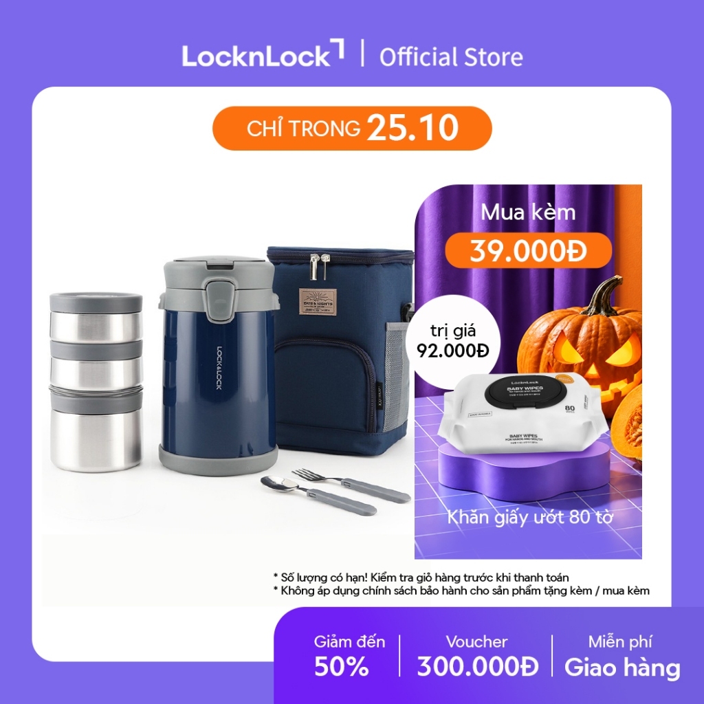Bộ hộp cơm giữ nhiệt kèm muỗng nĩa Lock&Lock Easy Carry 2.0L LHC8039