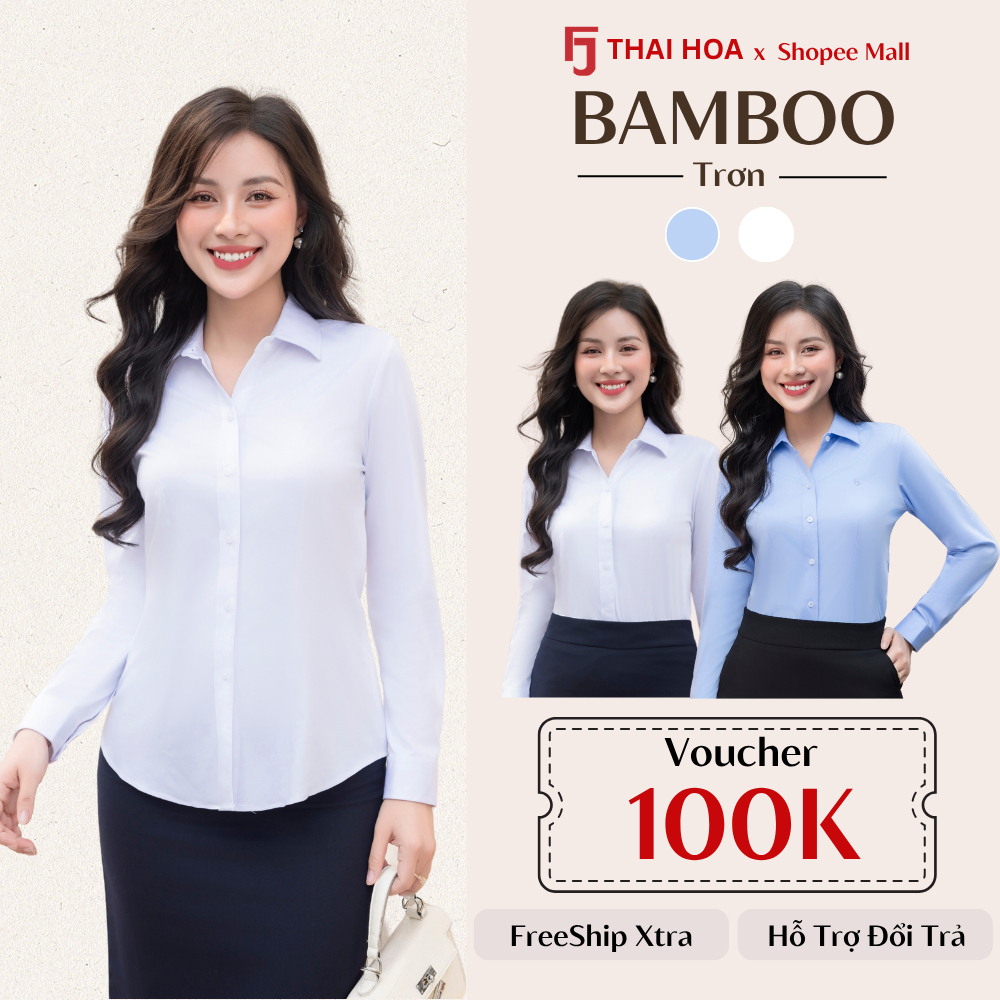 Áo sơ mi nữ công sở tay dài Thái Hòa 8919 chất vải Sợi Tre trơn cao cấp, mềm mại co giãn, thanh lịch