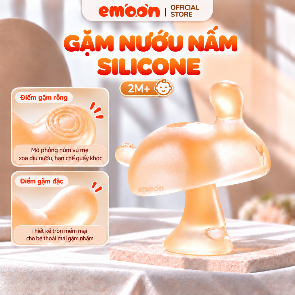 Gặm nướu hình nấm Emoon silicone bạch kim mềm mại cho bé từ 2 tháng tuổi, đa điểm gặm, dễ cầm nắm
