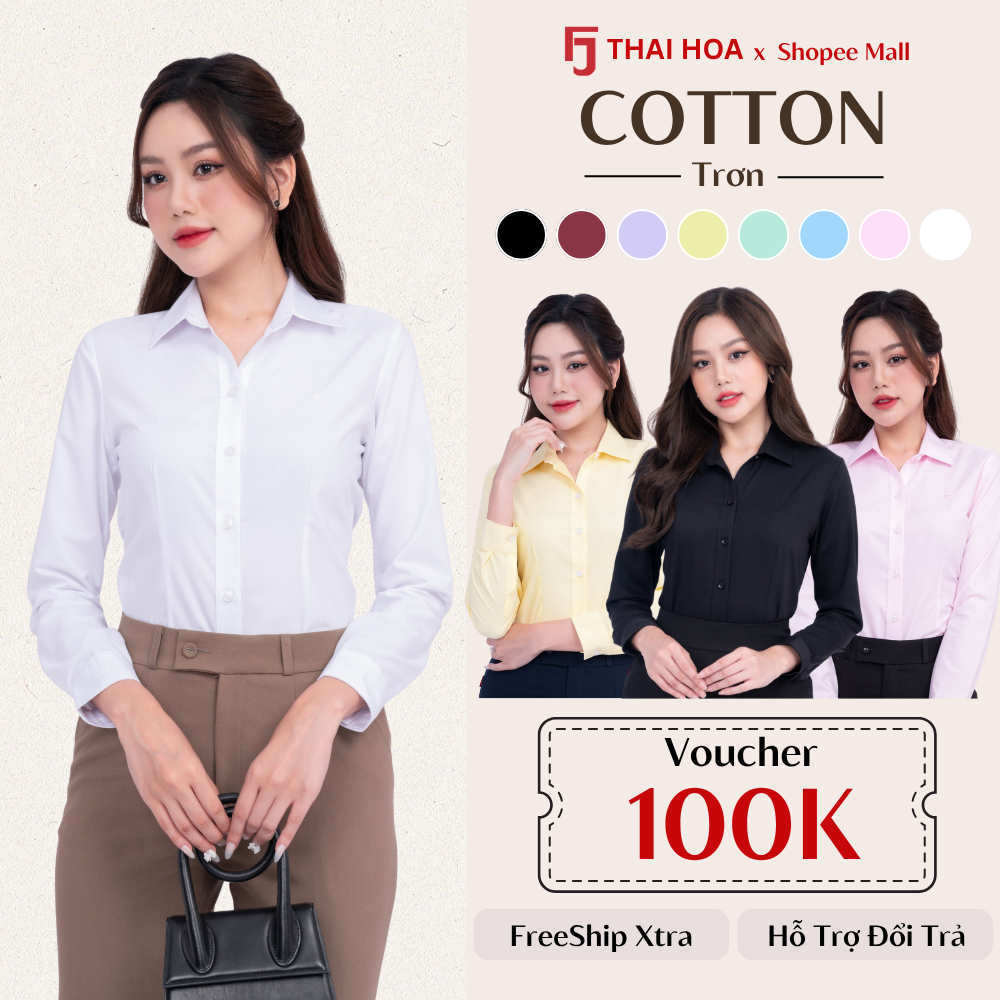 Áo sơ mi nữ công sở tay dài Thái Hòa 047 vải Cotton trơn cao cấp, mềm mại, thoáng mát, thanh lịch