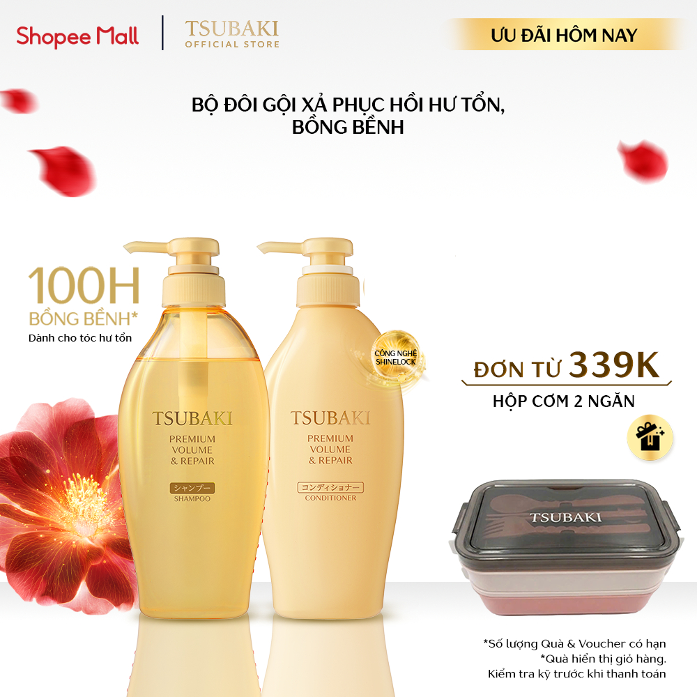 Bộ đôi Gội xả Phục hồi & bồng bềnh Tsubaki Premium Volume & Repair 450mlx2