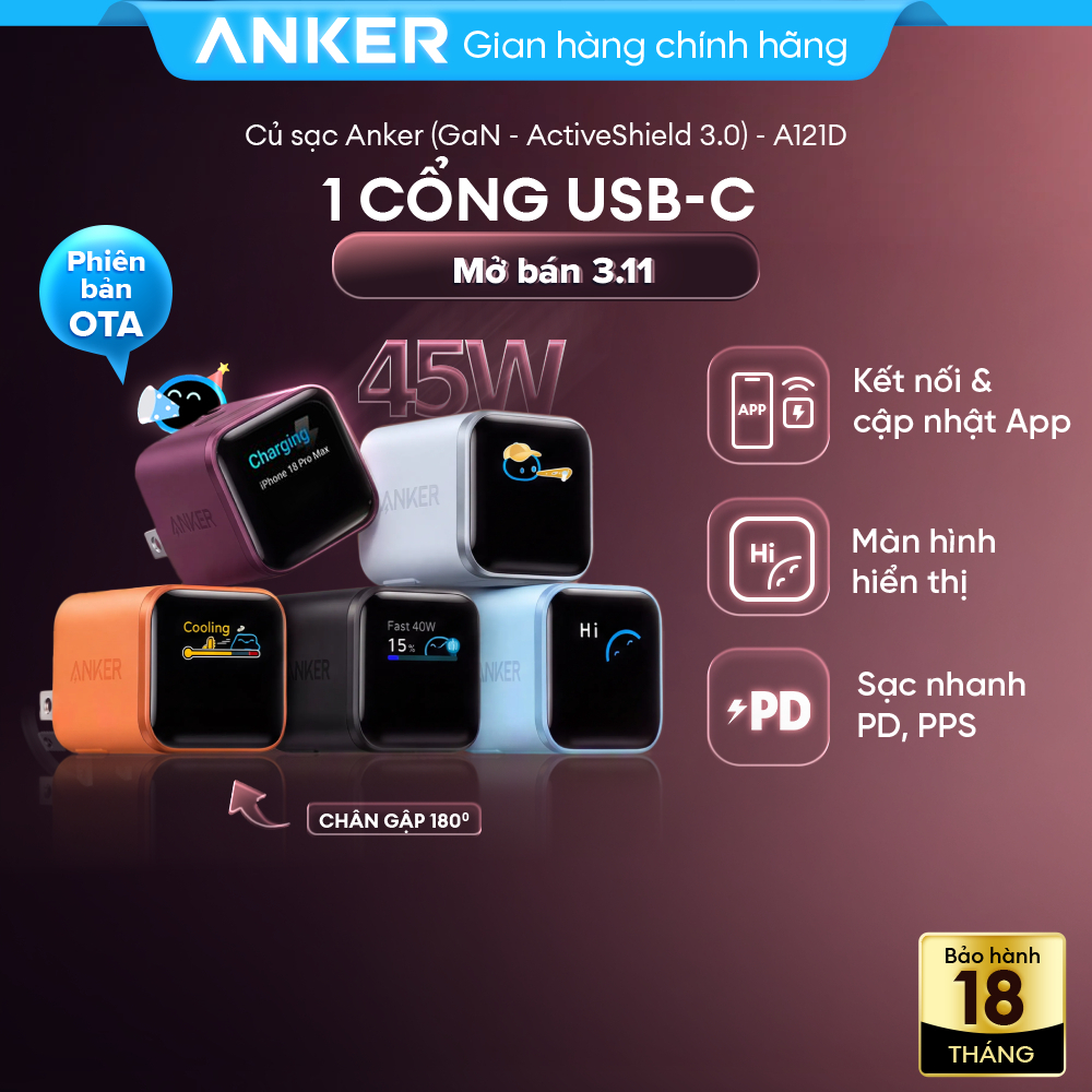 Củ Sạc Nhanh Anker Nano 45W | Màn Hình LED | Chân gập 180° | Sạc iPhone 15/16/17, Samsung, iPad - A121D