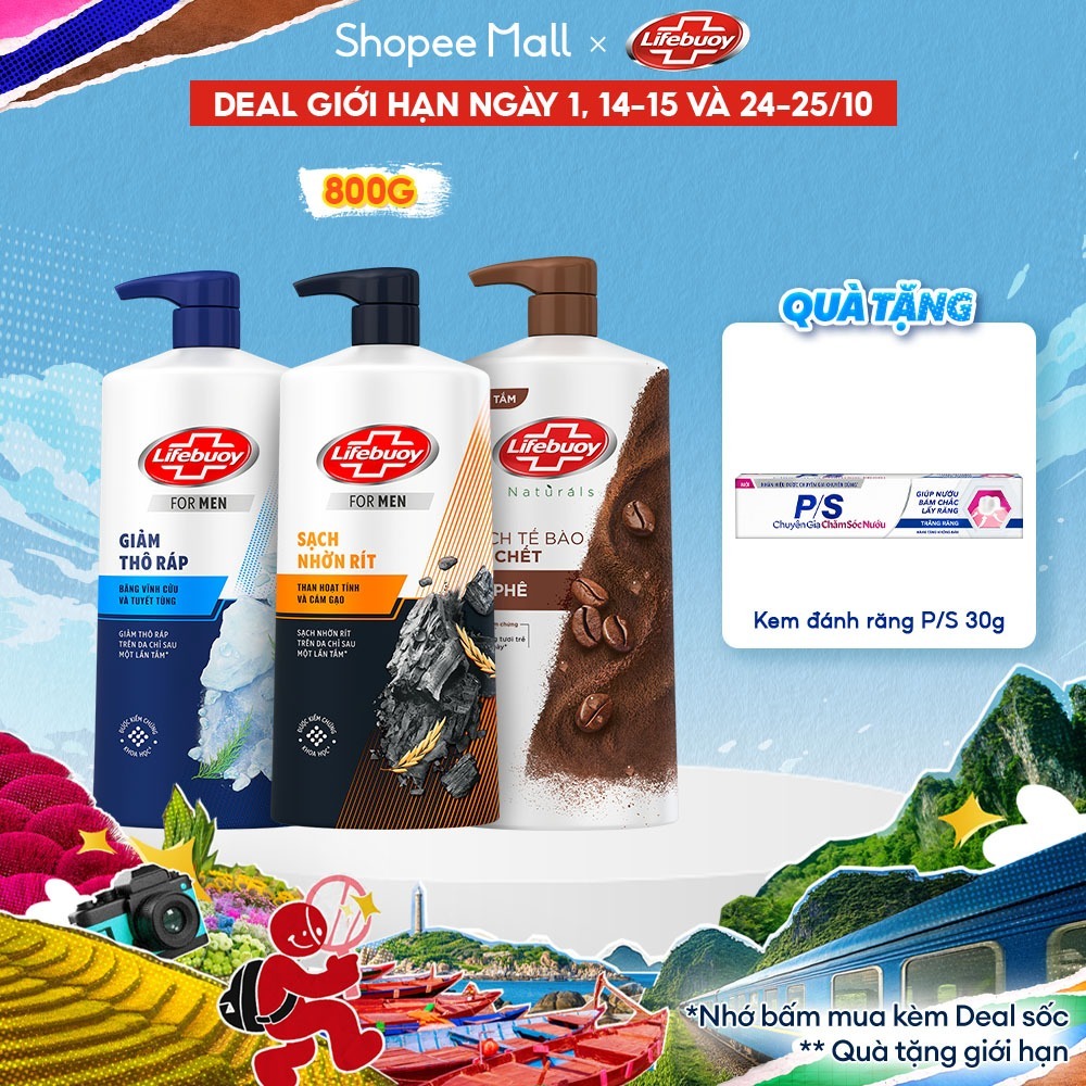 Sữa Tắm Lifebuoy 800gr Detox Và Sạch Sâu Khỏi Bụi Mịn Pm2.5 Detox 100% Từ Thiên Nhiên Diệt Khuẩn