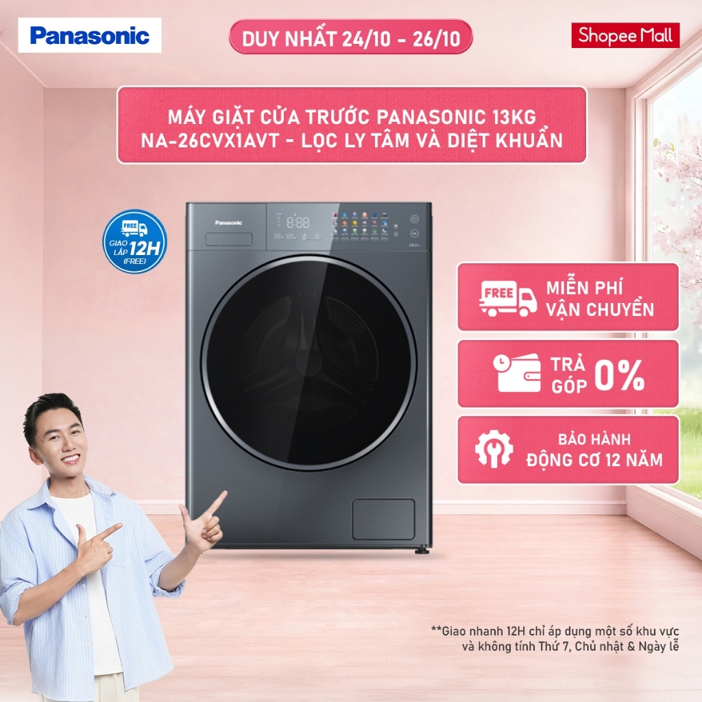 Máy giặt cửa trước Panasonic 13kg NA-26CVX1AVT - Giặt lọc ly tâm - Diệt khuẩn toàn diện