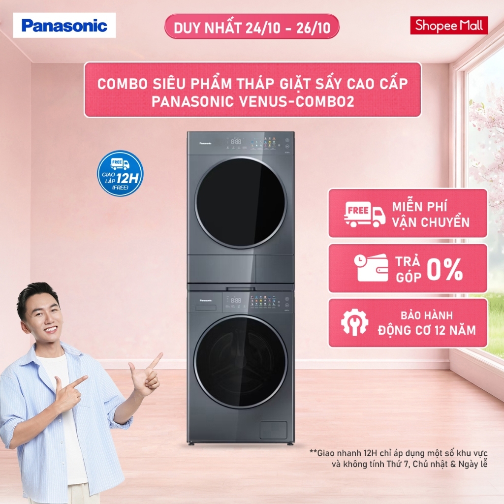 Combo Siêu Phẩm Tháp Giặt Sấy Cao Cấp Panasonic VENUS-COMBO2 - Sấy Heatpump kết hợp Nanoe™ X