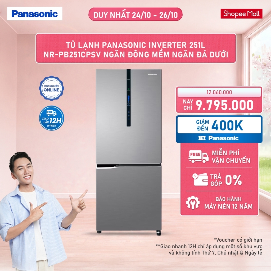 Tủ lạnh Panasonic Inverter 251L NR-PB251CPSV Ngăn đông mềm Ngăn đá dưới