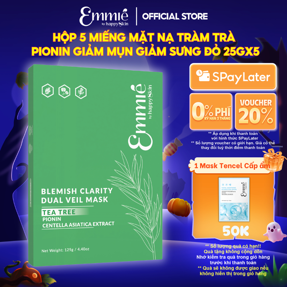 Mặt nạ tràm trà Emmie Giảm Mụn Sưng Đỏ Dành Cho Da Dầu Mụn - Chất Liệu Mặt Nạ Lụa Dual Veil Khít Mặt Hộp 5 Miếng x 25g