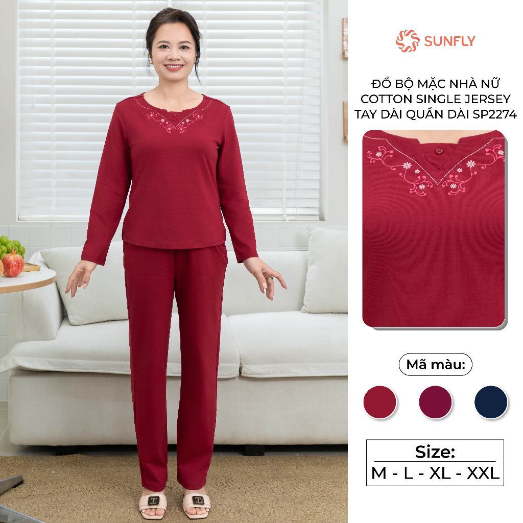 Bộ đồ trung niên thu đông áo dài quần dài cotton compact mềm mịn màu trơn SUNFLY SP2274
