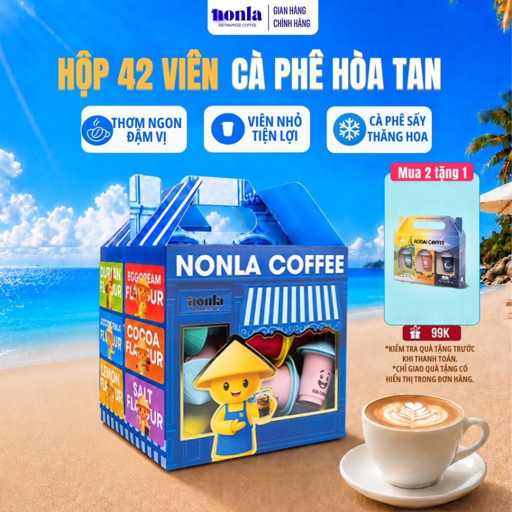 Cà Phê Hòa Tan Bộ 7 Vị - Hộp 42 Viên Cà Phê Nón Lá Robusta Không Đường – Cà Phê Sấy Thăng Hoa Tan Nhanh Tiện Lợi
