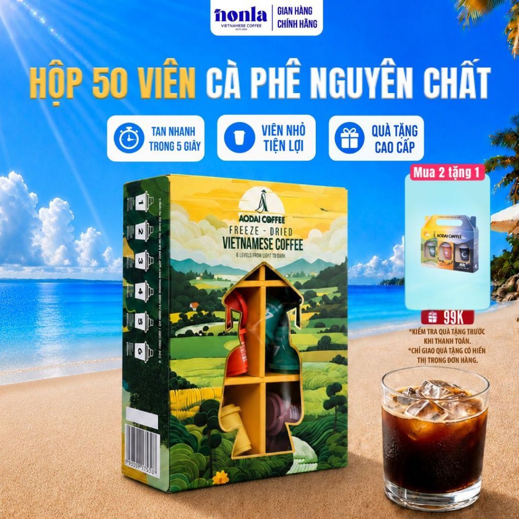 Cà Phê Hòa Tan Bộ 6 Cấp Độ - Hộp 50 Viên Cà Phê Hòa Tan Sấy Thăng Hoa Nguyên Chất NONLA COFFEE Từ Hạt Cafe Robusta