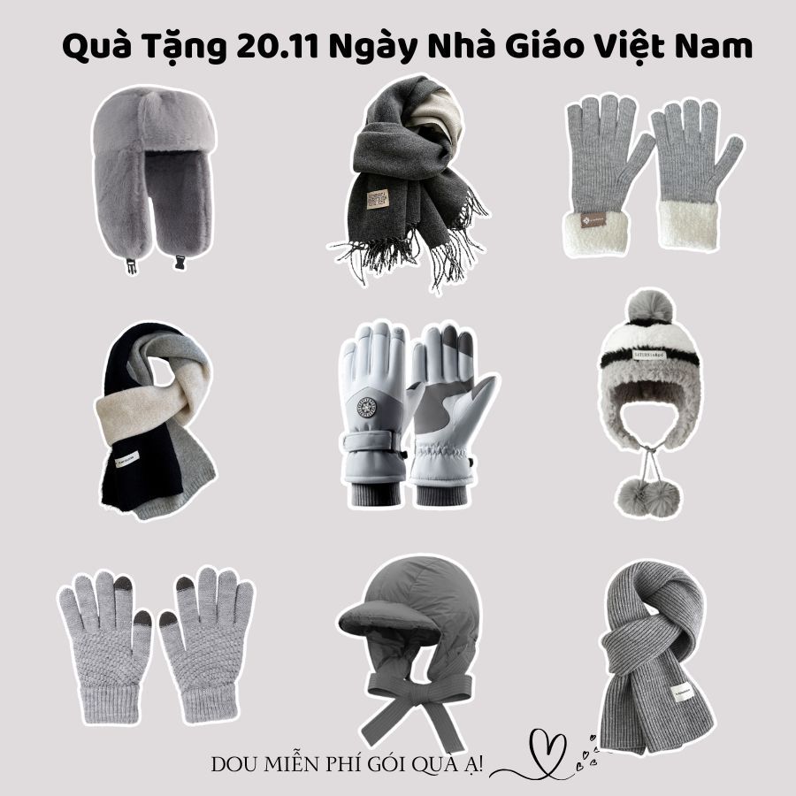 Combo Khăn Len Cashmere Quàng Cổ, Găng Tay Và Mũ Len Unisex Tone Xám Thanh Lịch Ngày Nhà Giáo Việt Nam 20/11 - Mã TH005