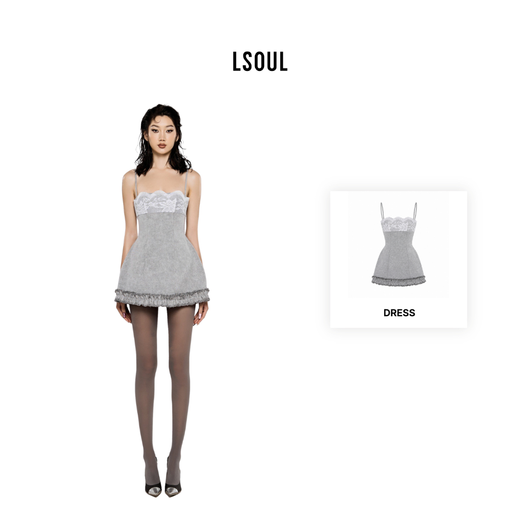 LSOUL Đầm 2 Dây Jean Xám Tiểu Thư Phối Ren Nelly Dress V24031600