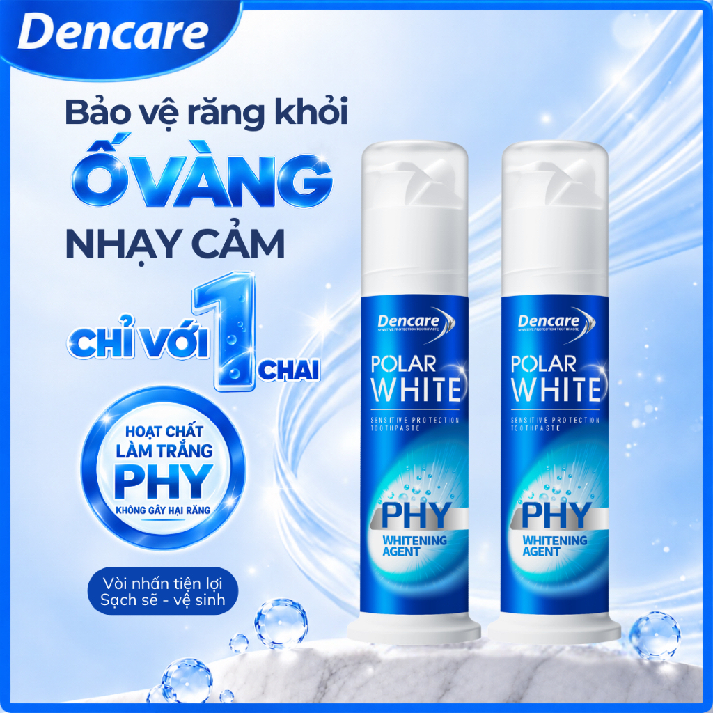 Kem Đánh Răng Dencare Polar White Trắng Răng Chống Ê Buốt, Chứa Công Nghệ PHY & Thiết Kế Vòi Bơm