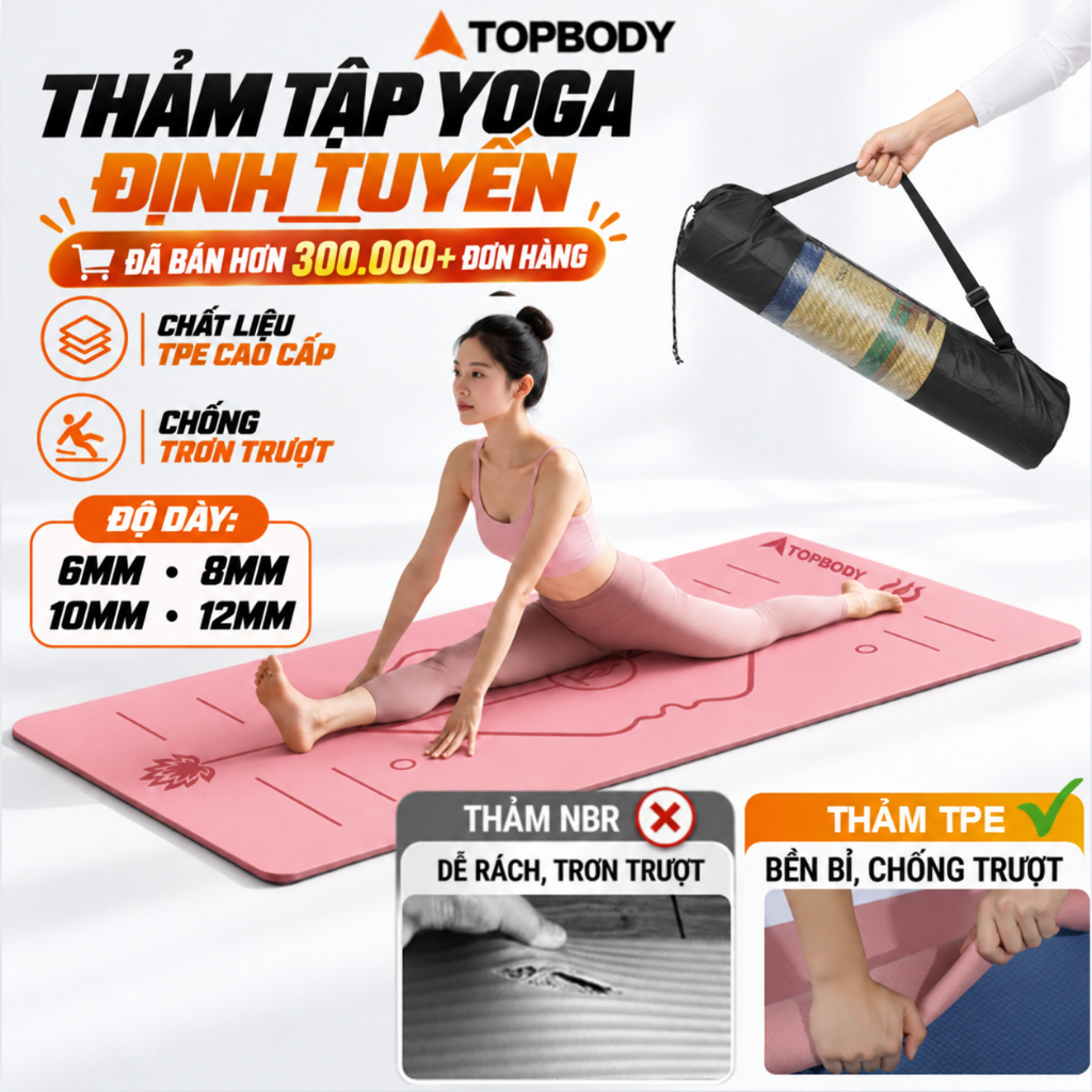 Thảm Yoga Định Tuyến TOPBODY 6/8/10mm Chống Trượt Chất Liệu TPE Cao Cấp Kèm Túi Đựng Đàn Hồi Tốt