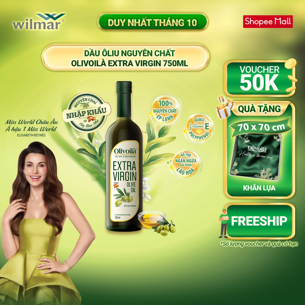 [GIẢM ĐẾN 50K + TẶNG KHĂN LỤA DUY NHẤT NGÀY 22/10] Dầu Ôliu Nguyên Chất Olivoilà Extra Virgin 750 ml