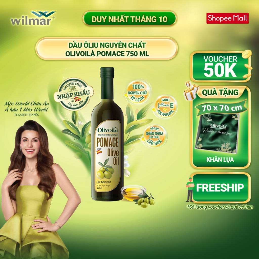 [GIẢM ĐẾN 50K + TẶNG KHĂN LỤA DUY NHẤT NGÀY 22/10] Dầu Ô-liu Pomace nhãn hiệu Olivoilà 750ml