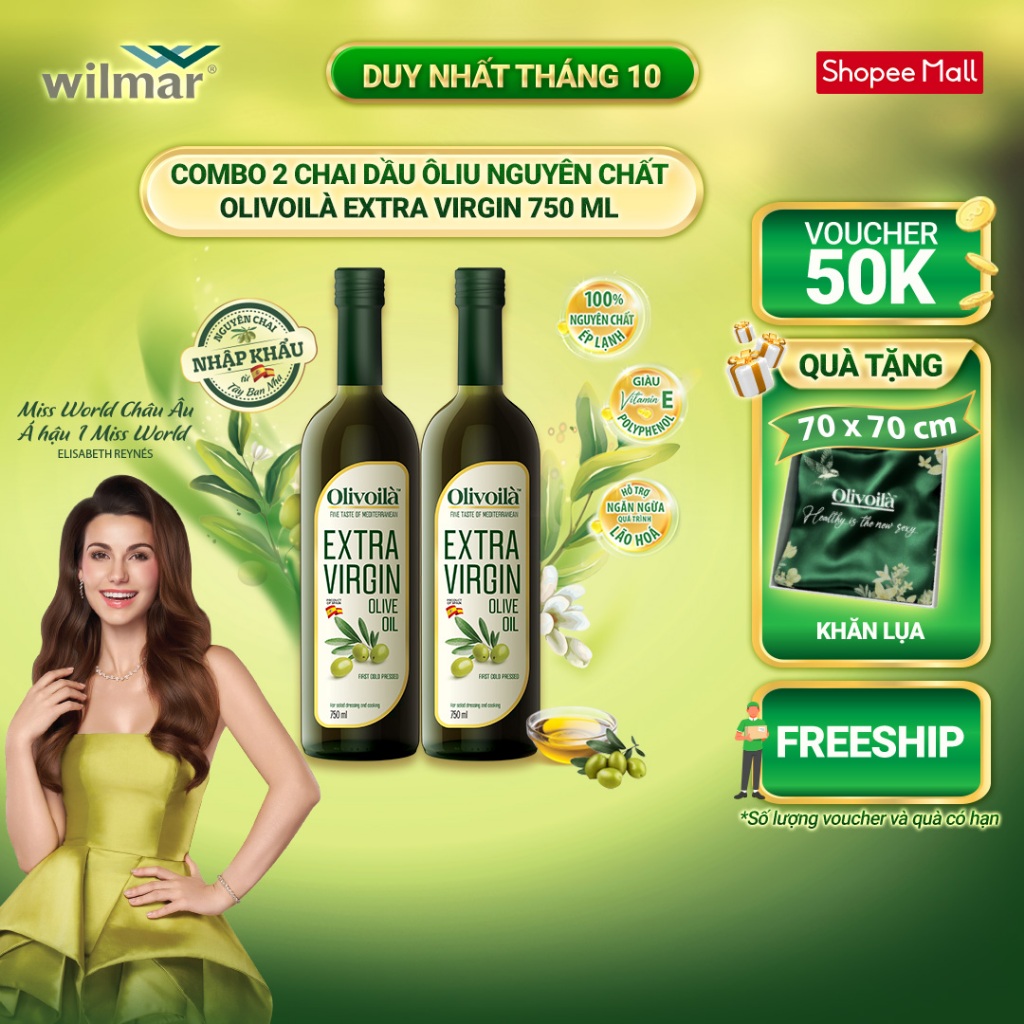 [GIẢM ĐẾN 50K + TẶNG KHĂN LỤA DUY NHẤT NGÀY 22/10] Combo 2 chai Dầu Ôliu Nguyên Chất Olivoilà Extra Virgin 750 ml