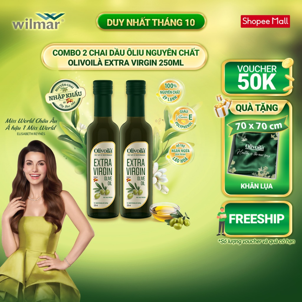 [GIẢM ĐẾN 50K + TẶNG KHĂN LỤA DUY NHẤT NGÀY 22/10] Combo 2 chai Dầu Ôliu Nguyên Chất Olivoilà Extra Virgin 250ml