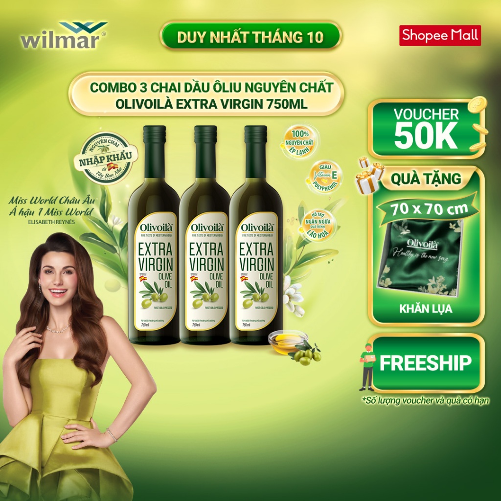 [GIẢM ĐẾN 50K + TẶNG KHĂN LỤA DUY NHẤT NGÀY 22/10] Combo 3 chai Dầu Ôliu Nguyên Chất Olivoilà Extra Virgin 750 ml