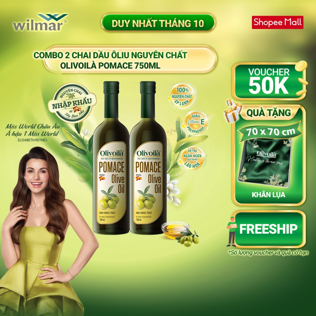 [GIẢM ĐẾN 50K + TẶNG KHĂN LỤA DUY NHẤT NGÀY 22/10] Combo 2 chai Dầu Ô-liu Pomace nhãn hiệu Olivoilà 750ml