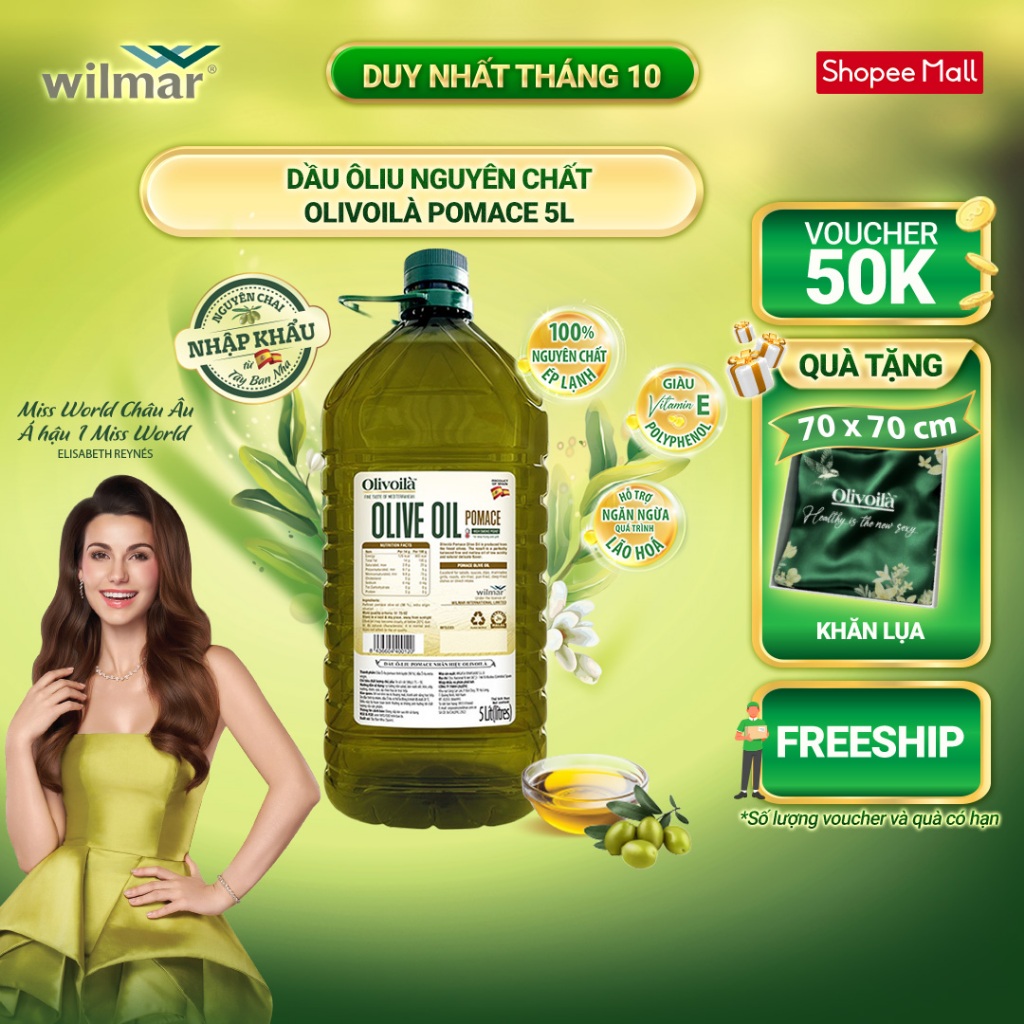 [GIẢM ĐẾN 50K + TẶNG KHĂN LỤA DUY NHẤT NGÀY 22/10] Dầu Ô-liu Pomace nhãn hiệu Olivoilà 5L
