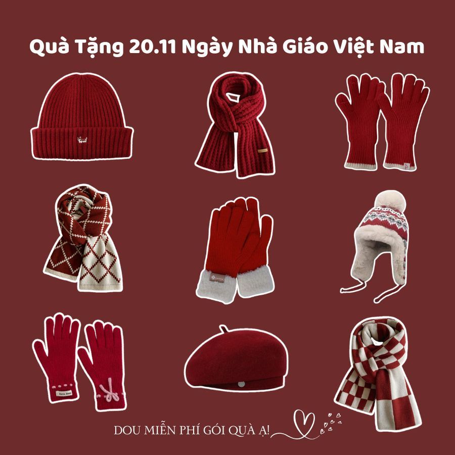 Combo Khăn Len Cashmere Quàng Cổ, Găng Tay Và Mũ Len Unisex Tone Đỏ Sang Trọng Ngày Nhà Giáo Việt Nam 20/11 - Mã TH001