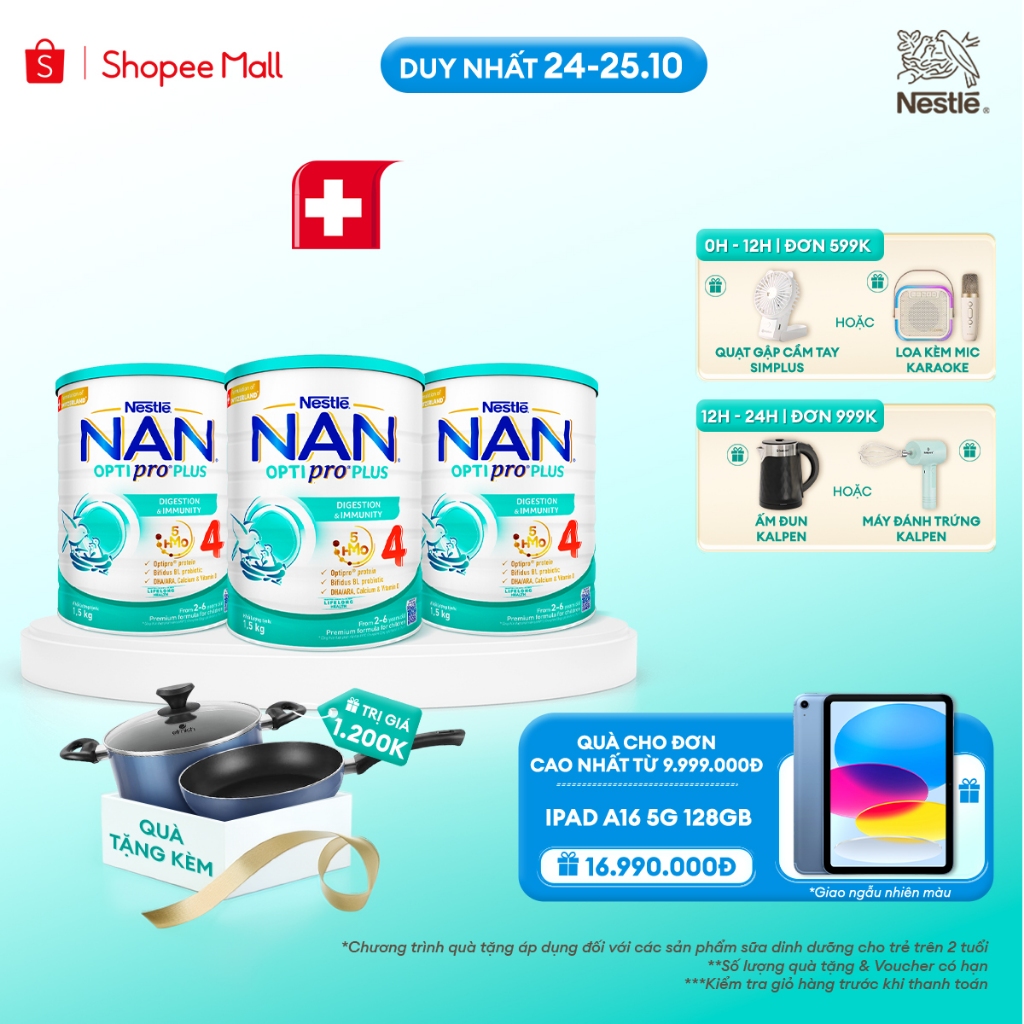 [Tặng Set nồi chảo Elmich] Bộ 3 lon Sữa Bột Nestlé NAN OPTIPRO PLUS 4 Cho Trẻ 2-6 Tuổi, 1,5KG, Với 5HMO Và Đạm OPTIPRO