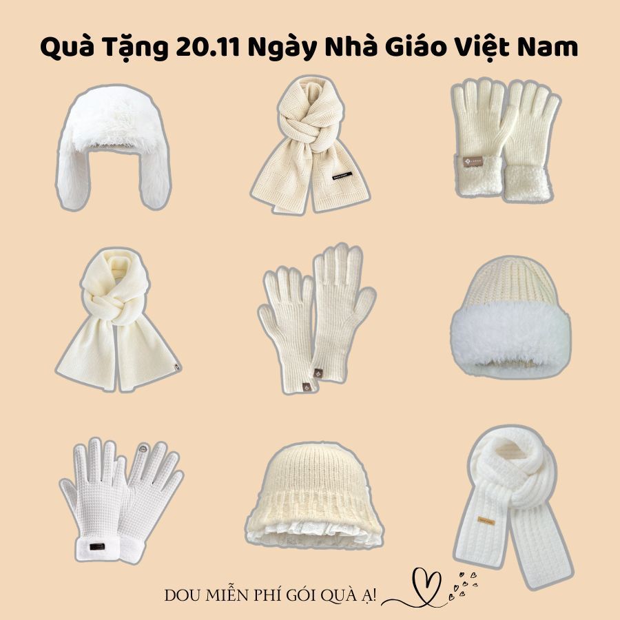Combo Khăn Len Cashmere Quàng Cổ, Găng Tay Và Mũ Len Tone Trắng Be Nhẹ Nhàng Quà Ngày Nhà Giáo Việt Nam 20/11 - Mã TH003