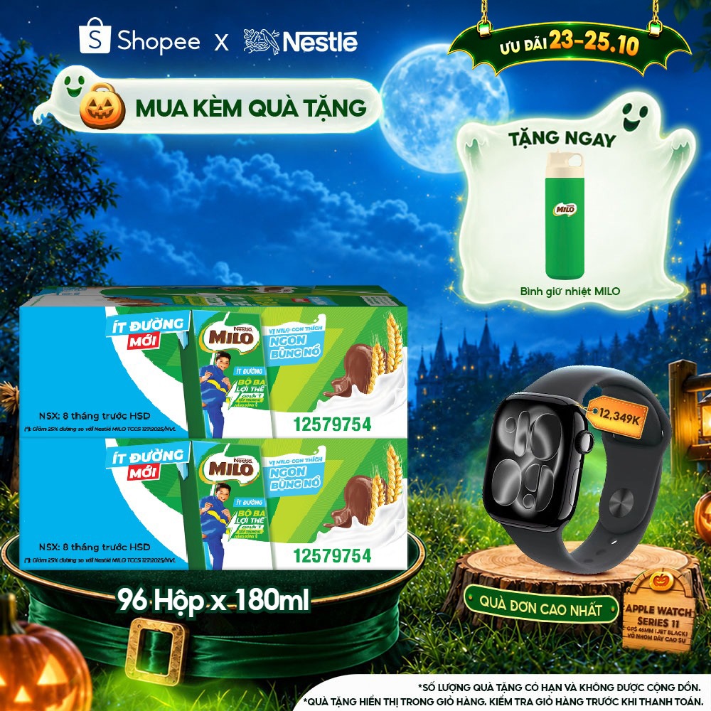 Combo 2 Thùng Sữa lúa mạch Nestle MILO ít đường (48 Hộp x 180ml)