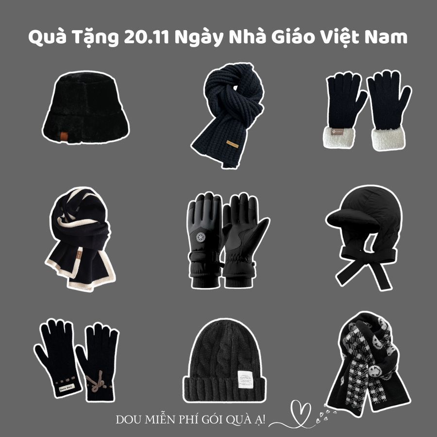 Combo Khăn Len Cashmere Quàng Cổ, Găng Tay Và Mũ Len Unisex Tone Đen Huyền Bí Ngày Nhà Giáo Việt Nam 20/11 - Mã TH002