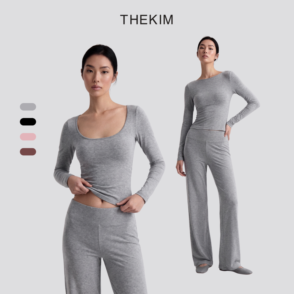 THEKIM Set Ease Day Áo dài tay cổ U mặc hai kiểu và quần suông dài cạp cao chất liệu tăm mịn CS420