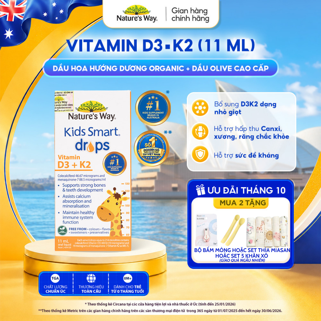 Vitamin D3K2 Nature's Way, Với Dầu Hoa Hướng Dương Organic, Giúp Bổ sung Vitamin D3, K2-MK7 Cho Trẻ Sơ Sinh Hộp 11ml