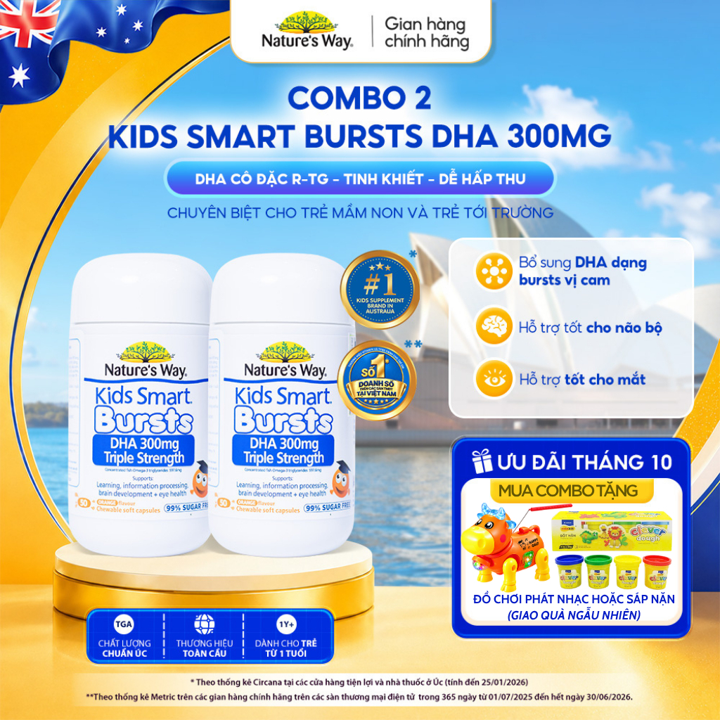 Combo 2 DHA 300mg Nature's Way Kids Smart Triple Strength Bổ Sung DHA Hàm Lượng Cao, Omega 3 RTG Cô Đặc Cho Bé 50 Viên