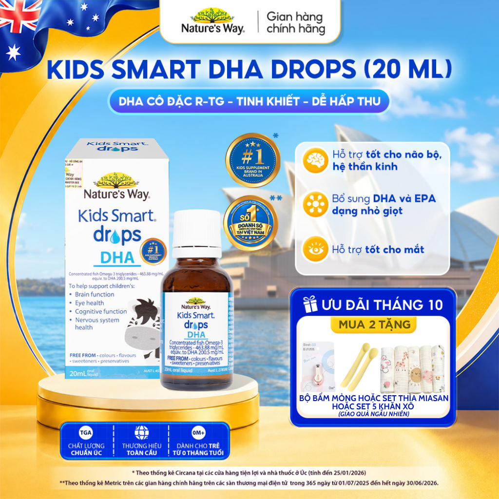 DHA Drops Nature's Way Kids Smart Bổ Sung DHA, EPA, Omega 3 RTG Cô Đặc, Hỗ Trợ Tốt Cho Não Và Mắt Cho Bé 20ml