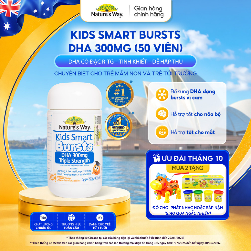 DHA 300mg Nature's Way Kids Smart Triple Strength Bổ Sung DHA Hàm Lượng Cao, Omega 3 RTG Cô Đặc Cho Bé 50 Viên