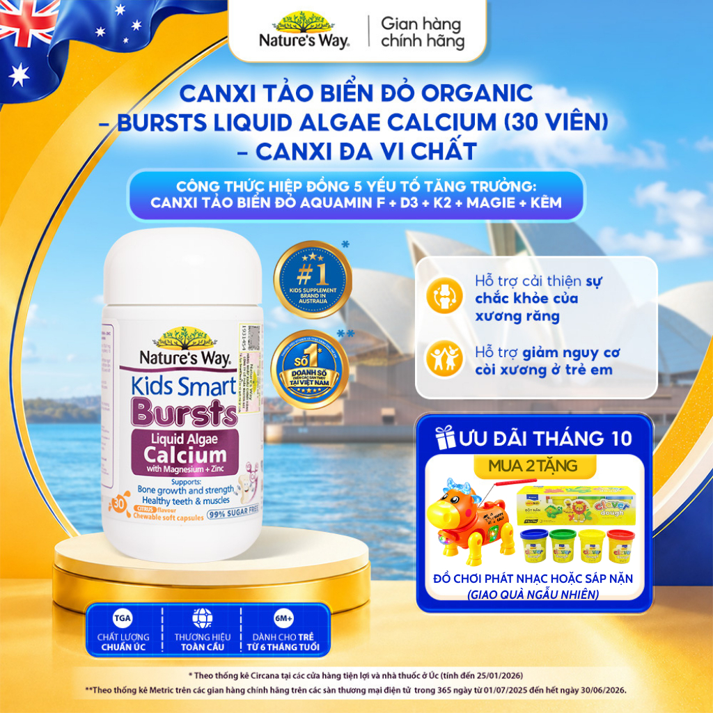 Viên Nhai Canxi Nature's Way Canxi Tảo Biển Đỏ Organic, Canxi đa vi chất Aquamin F Kết hợp D3K2, Magie, Kẽm Cho Bé 30v