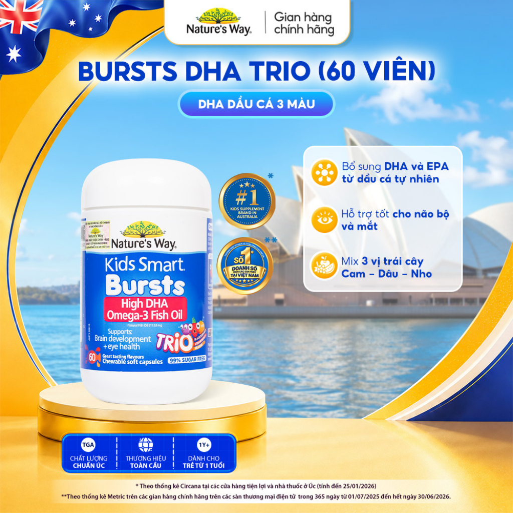 Viên Nhai Dầu Cá Ba Màu Nature's Way Omega-3 Fish Oil Trio Hỗ Trợ Tốt Cho Não Bộ Và Mắt Cho Bé 60 Viên