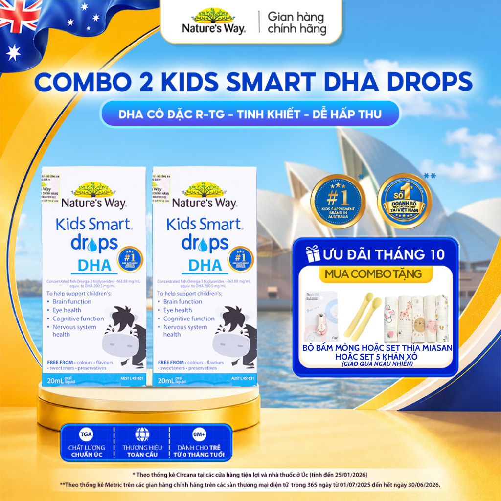 Combo 2 DHA Drops Nature's Way Kids Smart Bổ Sung DHA, EPA, Omega 3 RTG Cô Đặc, Hỗ Trợ Tốt Cho Não Và Mắt Cho Bé 20ml