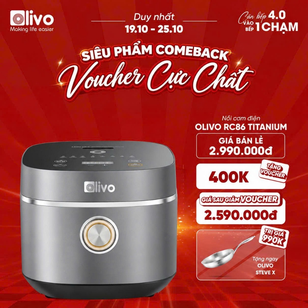 (Bản mới) Nồi Cơm Điện OLIVO RC86 – Lòng Nồi INOX 316L Chống Dính Tự Nhiên - Nấu Cơm Gạo Lứt, Cơm Tách Đường