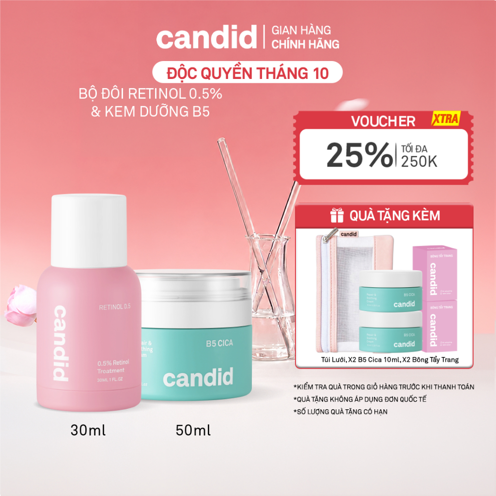 Bộ Đôi Hỗ Trợ Cải Thiện Và Phục Hồi Làn Da Candid Retinol 0.5% 30ml & Kem Dưỡng B5 Cica 50ml
