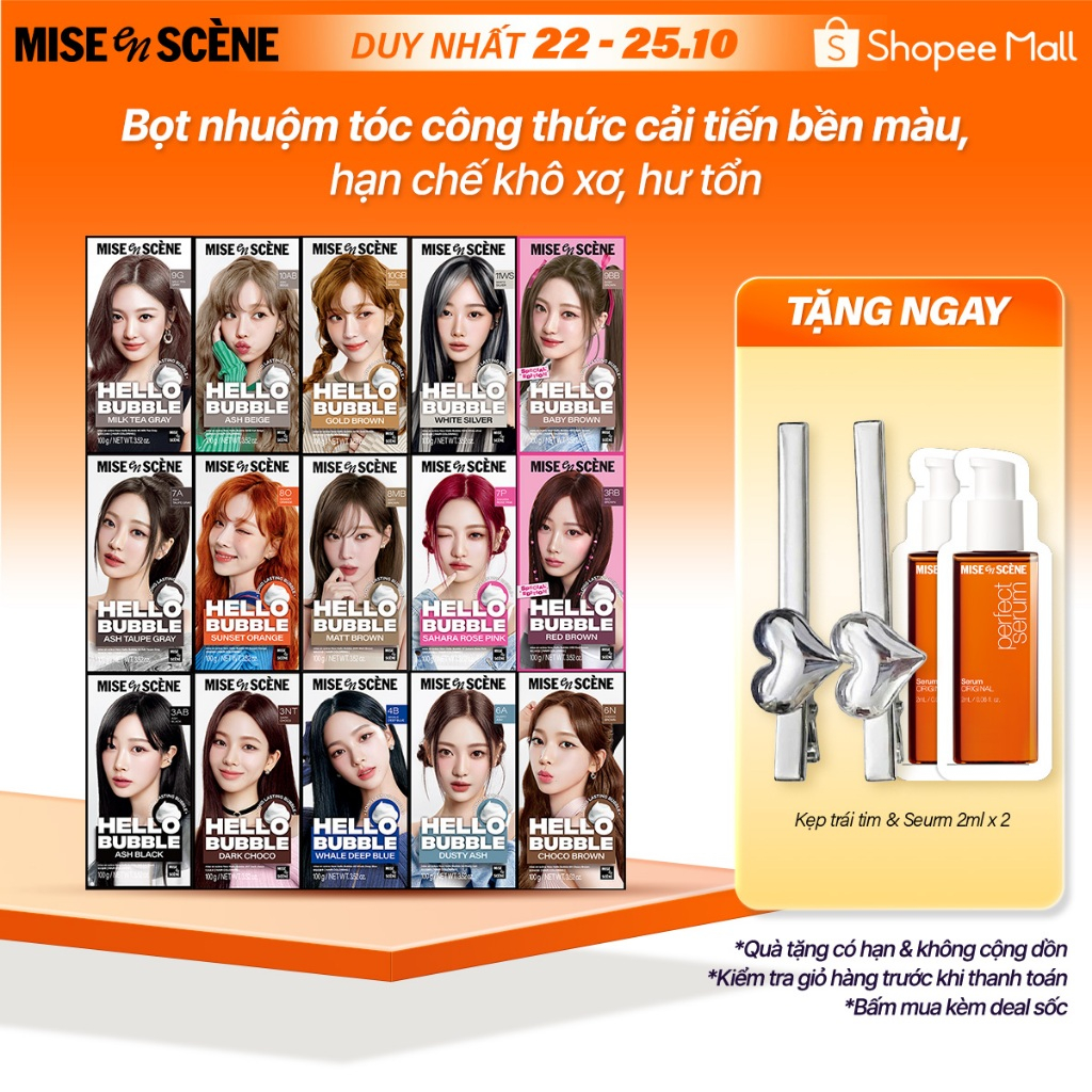 (Phiên bản mới) Nhuộm tóc mise en scène Hello Bubble 100g công thức cải tiến, dạng bọt bền lâu tan, tông màu xu hướng