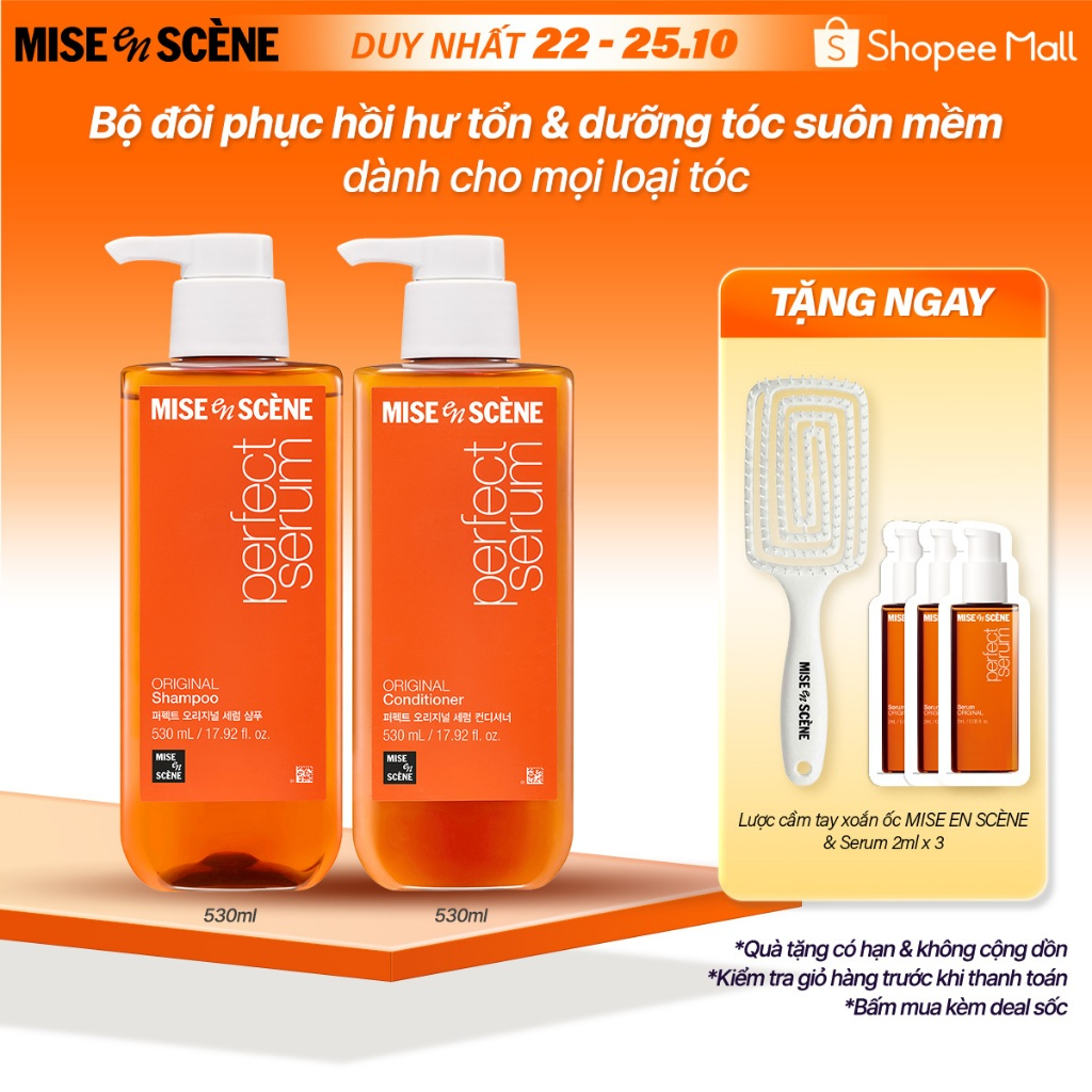 Bộ đôi Gội - Xả mise en scène Perfect Serum Original 530ml phục hồi hư tổn, giúp tóc suôn mềm, bồng bềnh