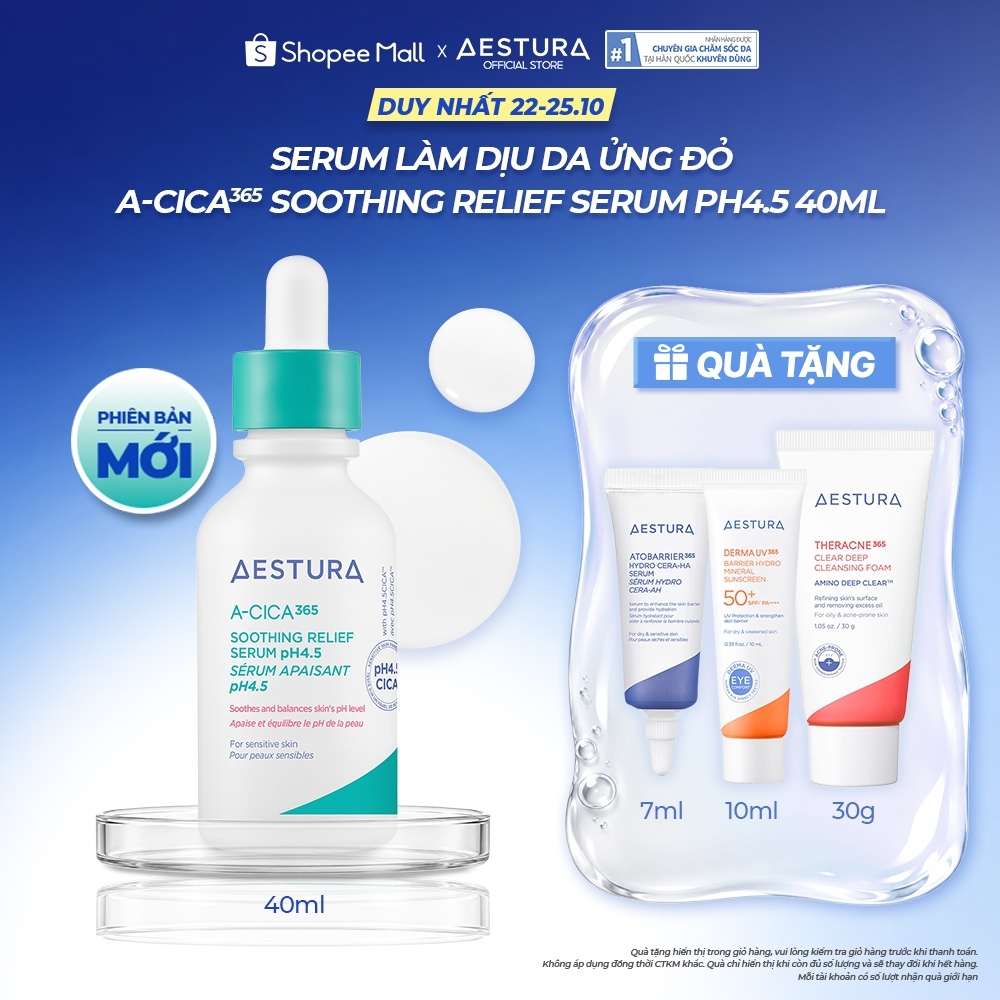 [PHIÊN BẢN MỚI] Serum làm dịu da ửng đỏ AESTURA A-CICA365 SOOTHING RELIEF SERUM pH4.5 40ml