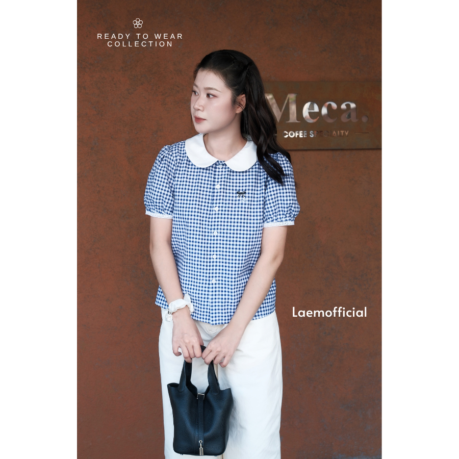 LÀ EM | Áo Chiếc Bút Chì ( Mini Collection Mèo Con Đi Học ) - Áo sơ mi chất liệu thô cotton kẻ caro phối ren mặc mùa thu