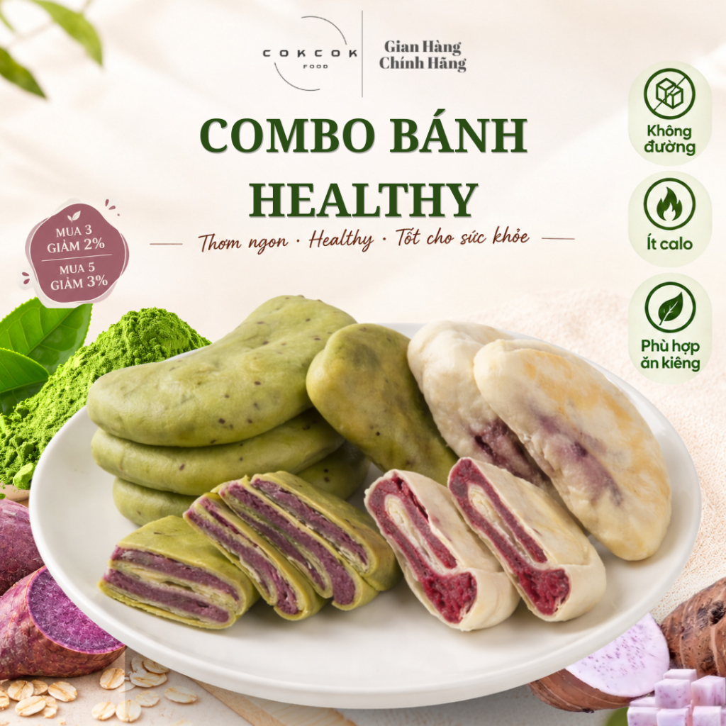 [Combo Bánh Healthy] Bánh Lúa Mì Khoai Môn & Matcha Khoai Lang Tím Không Đường CokcokFood, Ít Calo, Phù Hợp Ăn Kiêng