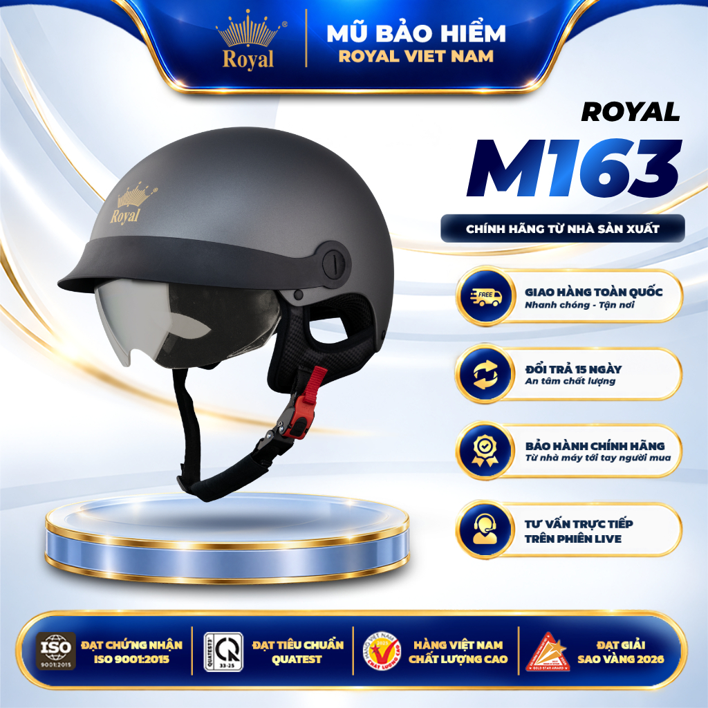 Mũ Bảo Hiểm 1/2 Nửa Đầu Royal M163LT Kính Âm Đen, Nón Bảo Hiểm M163 Lưỡi Trai Nam Nữ
